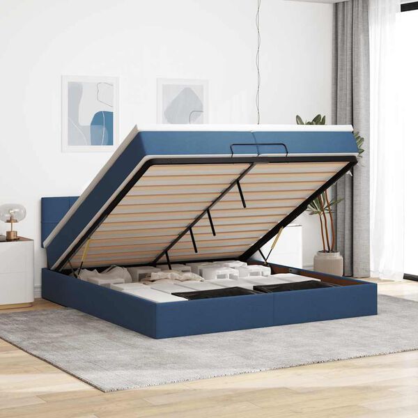 vidaXL Estrutura de cama otomana com colch&atilde;o 200x200 cm tecido azul
