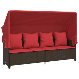 vidaXL Espregui&ccedil;adeira com toldo e almofad&otilde;es vime PE castanho