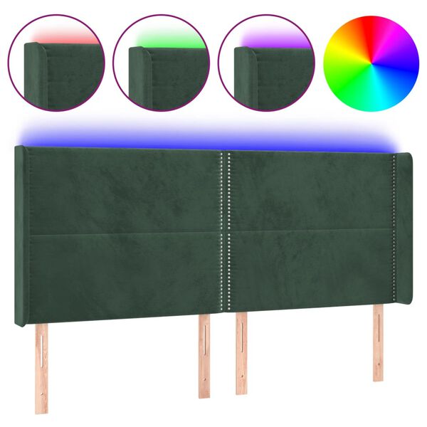 vidaXL Cabeceira de cama c/ LED veludo 183x16x118/128 cm verde-escuro