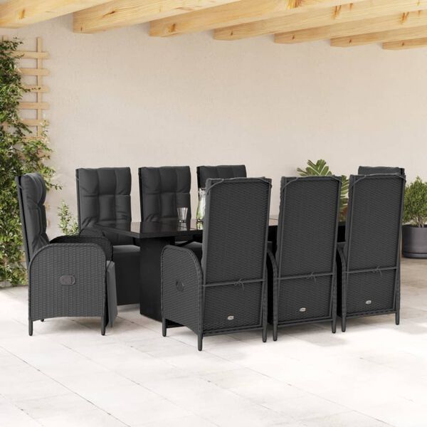 vidaXL 9 pcs conjunto de jantar p/ jardim c/ almofad&otilde;es vime PE preto