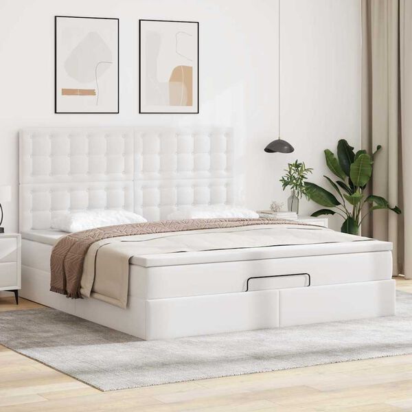 vidaXL Estrutura de cama otomana com colchão branco couro falso