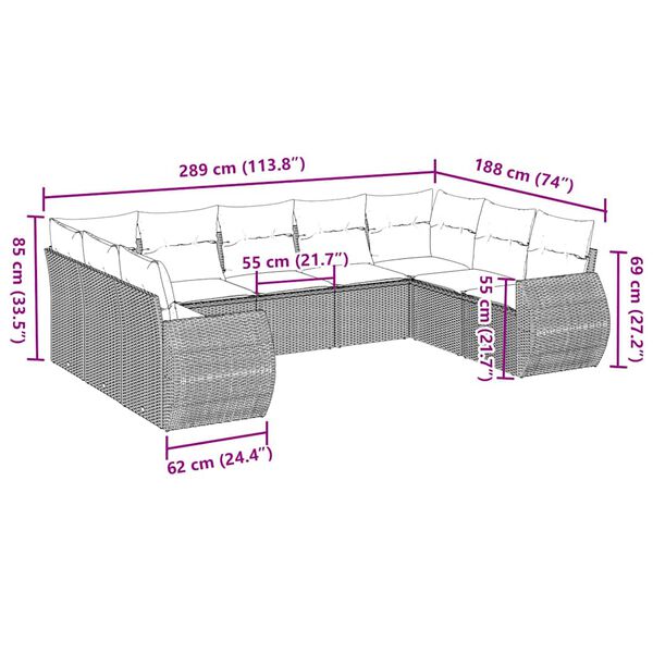 vidaXL 9 pcs conj. sof&aacute;s jardim com almofad&otilde;es vime PE cinzento-claro