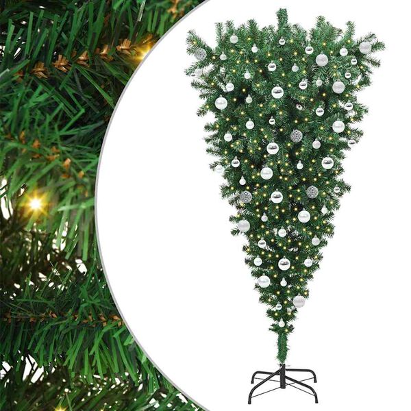 vidaXL &Aacute;rvore de Natal Artificial Pr&eacute;-iluminada de Cabe&ccedil;a para Baixo com Conjunto de Bolas
