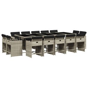 vidaXL 15 pcs conj. jantar jardim c/ almofad&otilde;es vime PE cinzento-claro