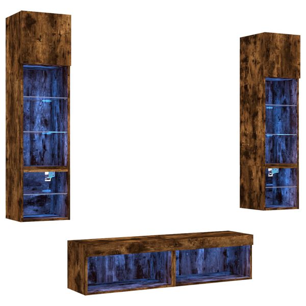 vidaXL 6pcs m&oacute;veis parede p/ TV c/ LEDs deriv. madeira carvalho fumado