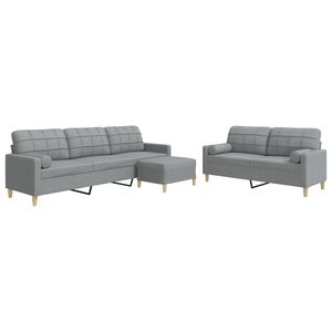 vidaXL 3pcs conjunto sof&aacute;s c/ almofad&otilde;es/apoio p&eacute;s tecido cinza-claro
