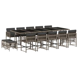 vidaXL 15 pcs conjunto jantar p/ jardim c/ almofad&otilde;es vime PE cinzento