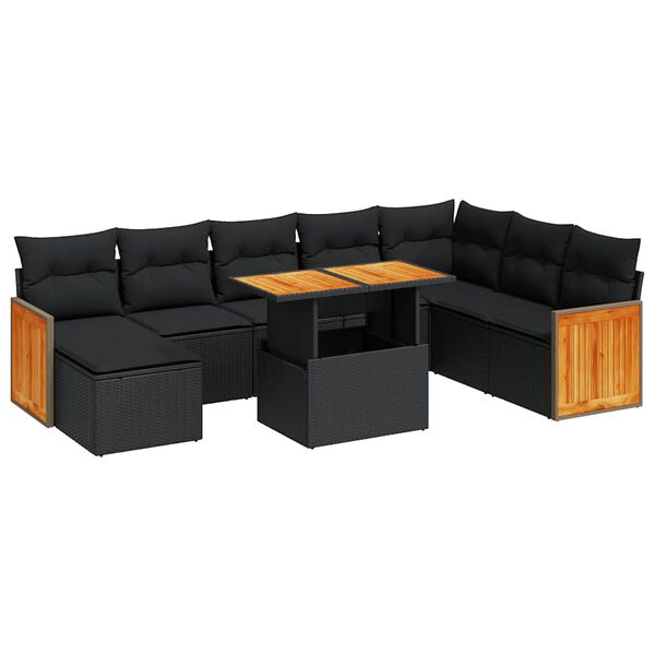 vidaXL 9 pcs conjunto sof&aacute;s p/ jardim almofad&otilde;es vime PE/ac&aacute;cia preto