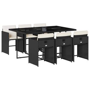 vidaXL 7 pcs conjunto de jantar p/ jardim c/ almofad&otilde;es vime PE preto