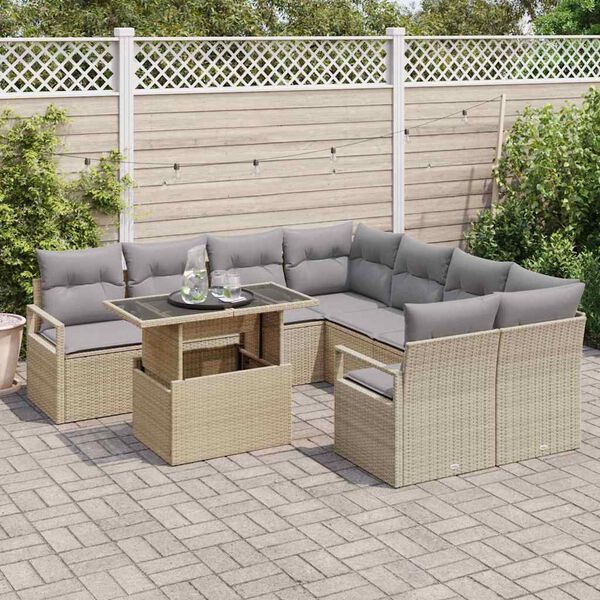vidaXL Conjunto de Sof&aacute; de Jardim 9 pcs Bege e Cinza Claro vime PE