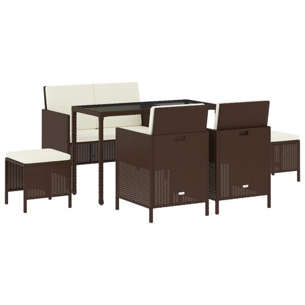 vidaXL 6 pcs conjunto jantar p/ jardim c/ almofadões vime PE castanho