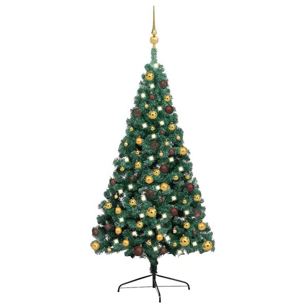 vidaXL Meia &aacute;rvore Natal artificial pr&eacute;-iluminada c/ bolas verde