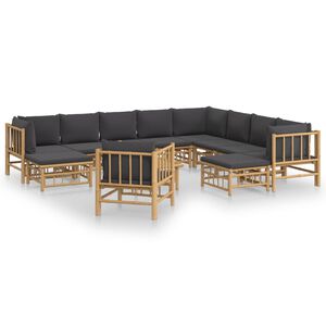 vidaXL 12 pcs conj. lounge de jardim bambu c/ almofad&otilde;es cinza-escuro