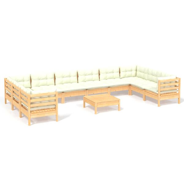 vidaXL 11 pcs conjunto lounge de jardim c/ almofadões cor creme pinho