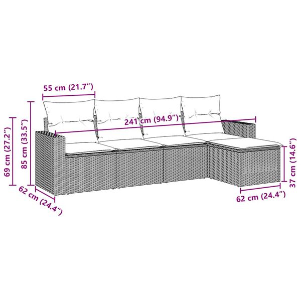 vidaXL 5 pcs conjunto sofás de jardim com almofadões vime PE preto