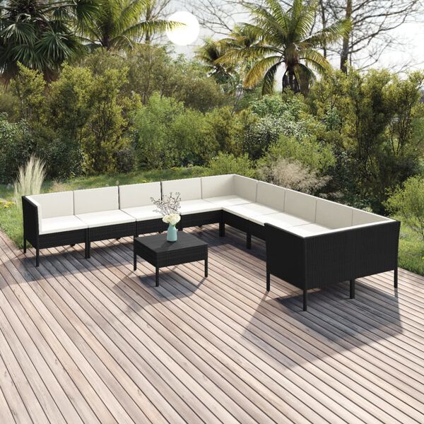 vidaXL 11 pcs conjunto lounge de jardim c/ almofadões vime PE preto