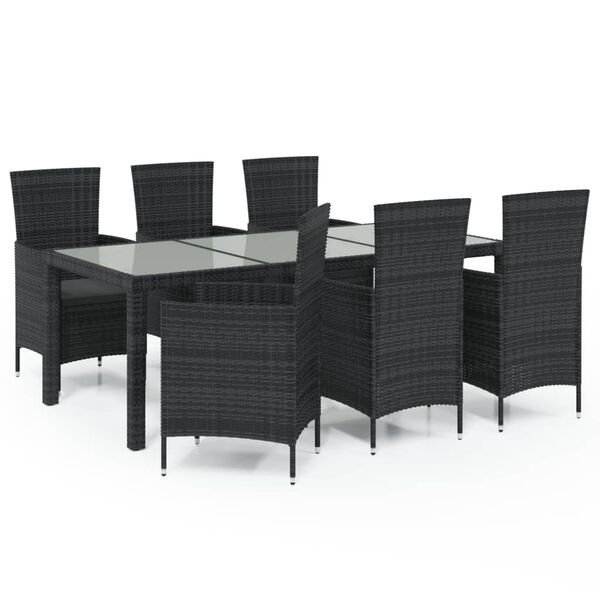 vidaXL 7 pcs conjunto jantar exterior com almofad&otilde;es vime PE preto