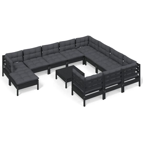 vidaXL 12 pcs conjunto lounge de jardim c/ almofad&otilde;es pinho preto