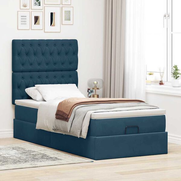 vidaXL Estrutura de cama otomana com colch&otilde;es azul escuro veludo