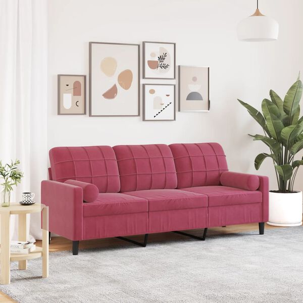 vidaXL Sofá 3 lug. + almofadas decorativas 180cm veludo vermelho tinto