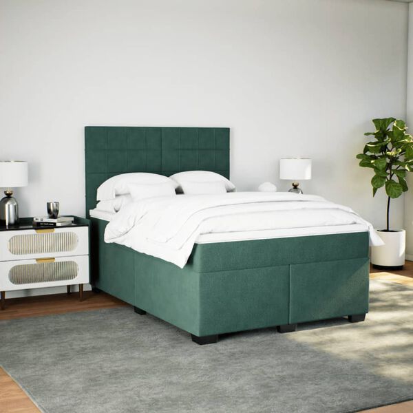 vidaXL Cama com molas/colch&atilde;o 160x200 cm veludo verde-escuro