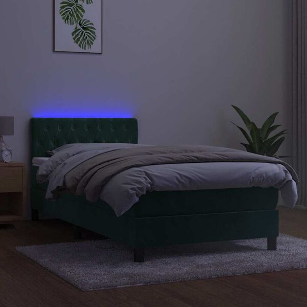vidaXL Cama box spring c/ colch&atilde;o/LED 90x200 cm veludo verde-escuro