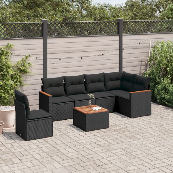 vidaXL 7 pcs conjunto de sof&aacute;s p/ jardim c/ almofad&otilde;es vime PE preto