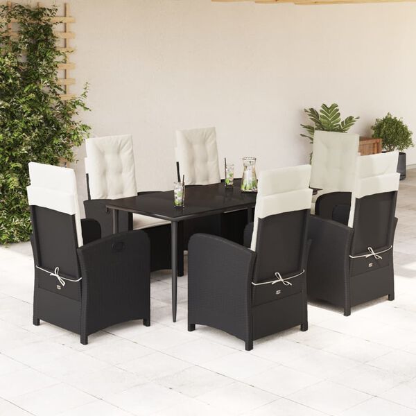 vidaXL 7 pcs conjunto de jantar p/ jardim c/ almofad&otilde;es vime PE preto
