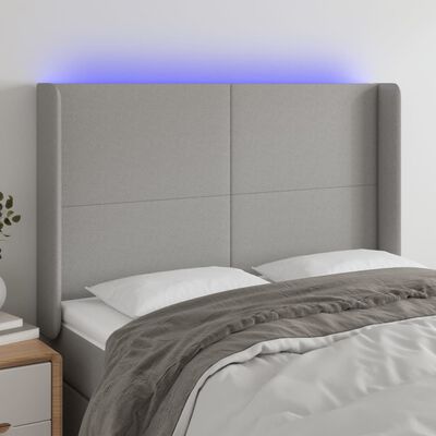 vidaXL Cabeceira cama c/ luzes LED tecido 147x16x118/128cm cinza-claro