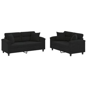 vidaXL 2 pcs conjunto sof&aacute;s c/ almofadas tecido de microfibra preto
