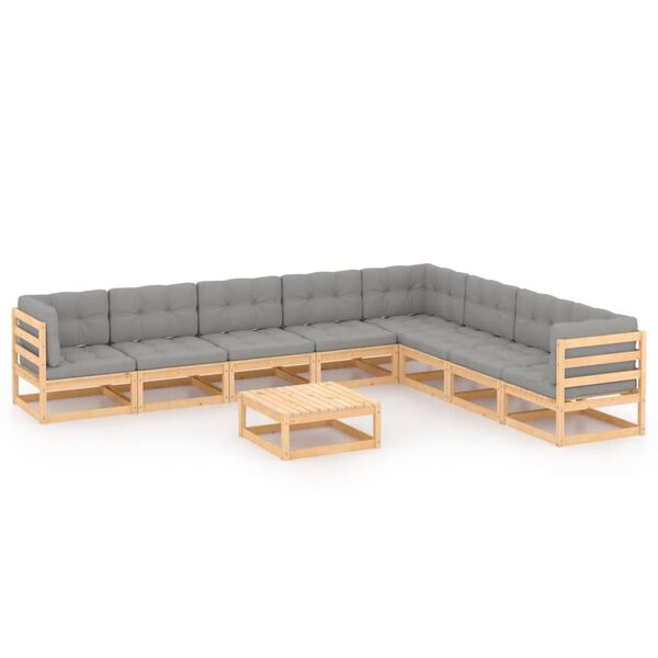 vidaXL 9 pcs conjunto lounge de jardim c/ almofadões pinho maciço