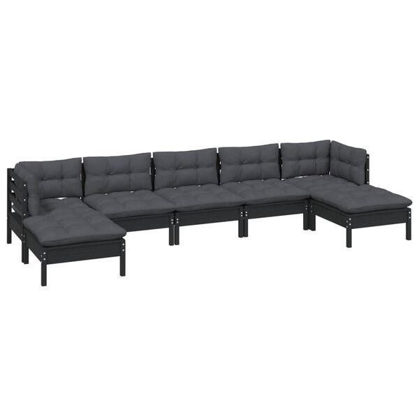 vidaXL 7 pcs conjunto lounge de jardim c/ almofad&otilde;es pinho preto