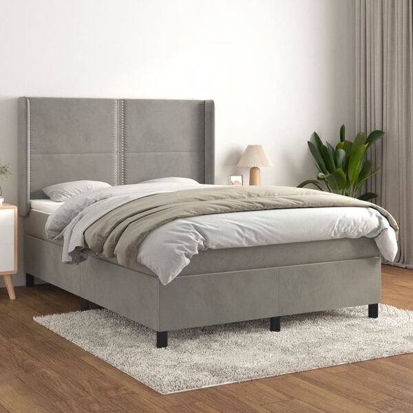 vidaXL Cama com molas/colch&atilde;o 140x200 cm veludo cinzento-claro