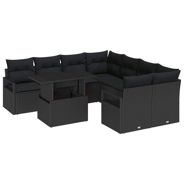 vidaXL Conjunto de Sof&aacute; de Jardim 9 pcs Preto Rattan Sint&eacute;tico