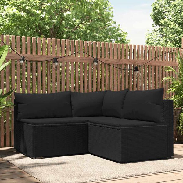 vidaXL 3 pcs conjunto lounge de jardim c/ almofad&otilde;es vime PE preto