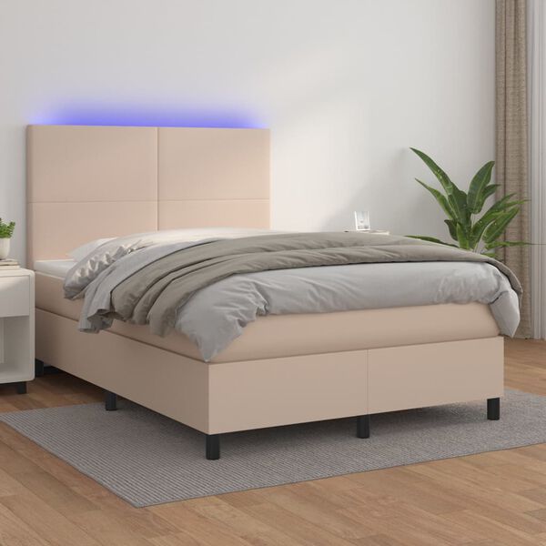 vidaXL Cama box spring c/colch&atilde;o/LED 140x200cm couro artif. cappuccino