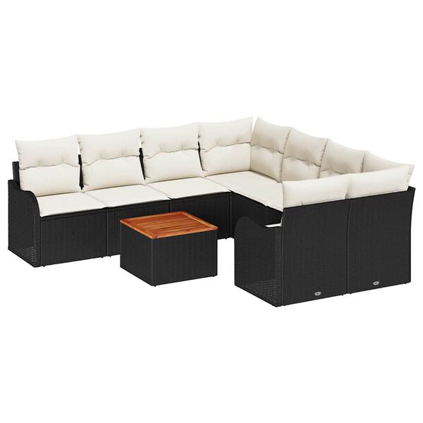 vidaXL Conjunto de Sof&aacute; de Jardim 9 pcs Preto e Creme vime PE