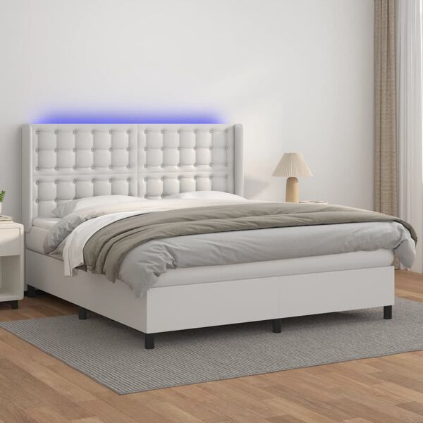 vidaXL Cama box spring c/colch&atilde;o/LED 180x200cm couro artificial branco