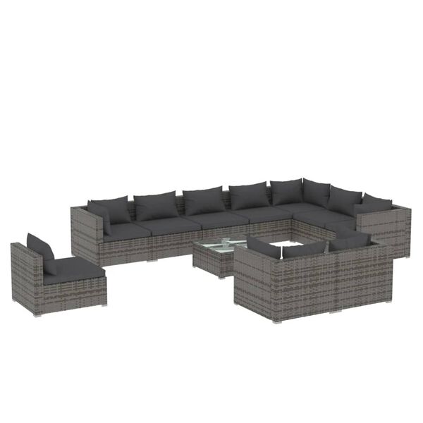 vidaXL 11 pcs conjunto lounge de jardim c/ almofad&otilde;es vime PE cinzento