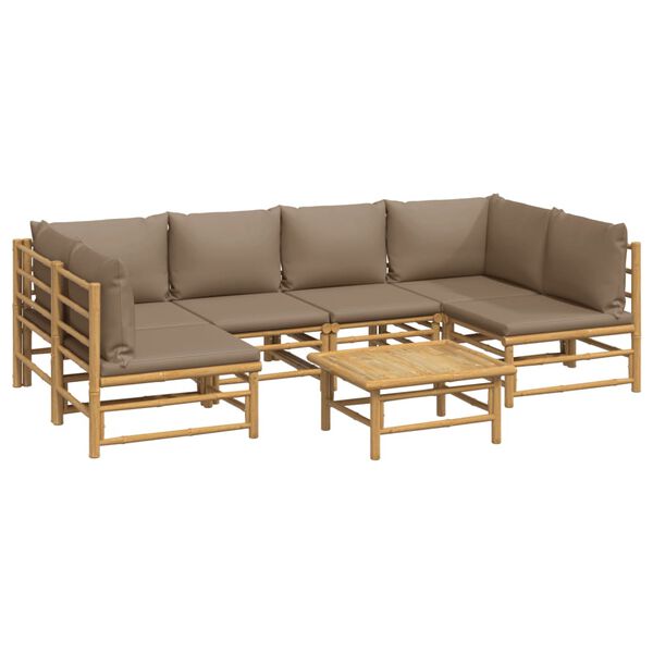 vidaXL 7 pcs conj. lounge jardim bambu c/ almofad&otilde;es cinza-acastanhado