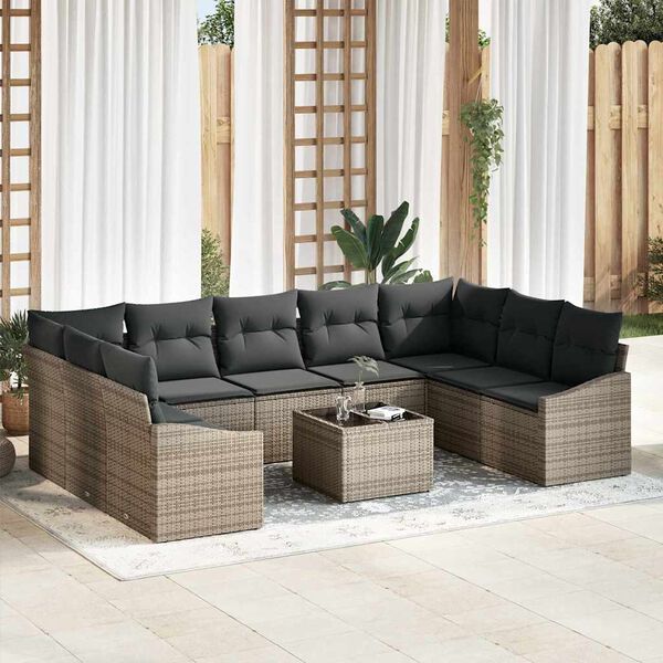 vidaXL Conjunto de Sof&aacute; de Jardim 10 pcs Cinzeto Rattan Sint&eacute;tico