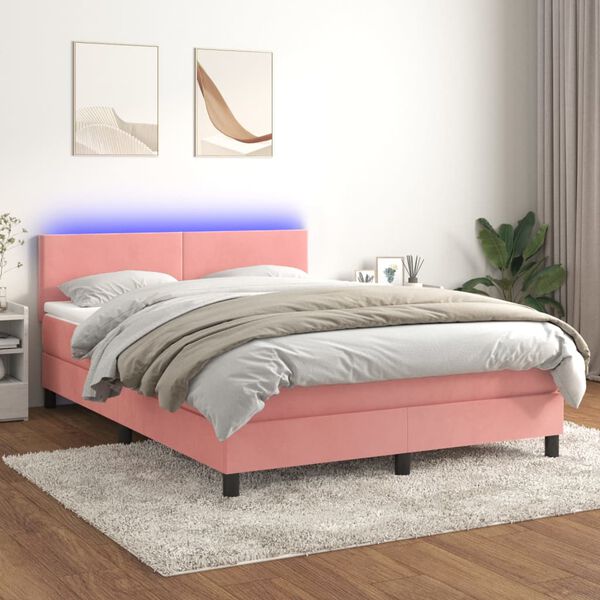 vidaXL Cama box spring c/ colch&atilde;o/LED 140x190 cm veludo rosa