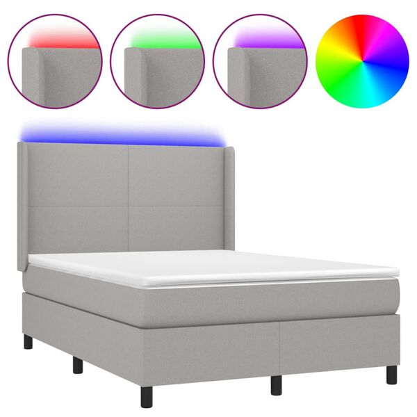 vidaXL Cama box spring c/ colch&atilde;o e LED 140x200 cm tecido cinza-claro
