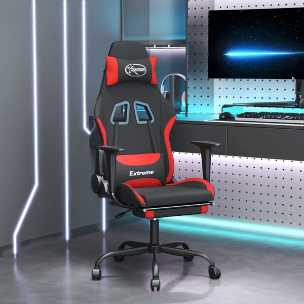 vidaxL Cadeira de gaming c/ apoio para os p&eacute;s tecido preto e vermelho