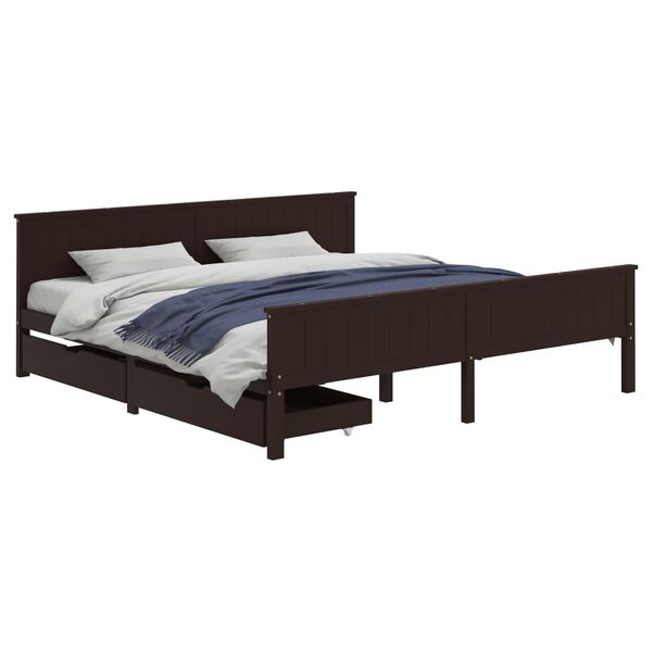 vidaXL Cama com 2 gavetas 200x200 cm pinho maci&ccedil;o castanho-escuro