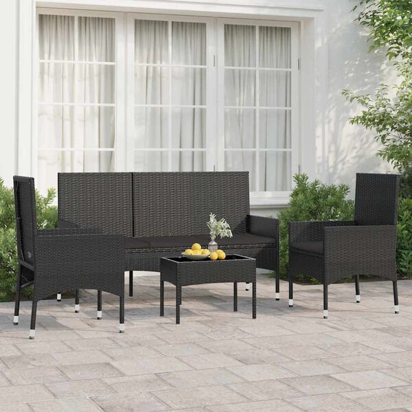 vidaXL 4 pcs conjunto lounge de jardim c/ almofad&otilde;es vime PE preto