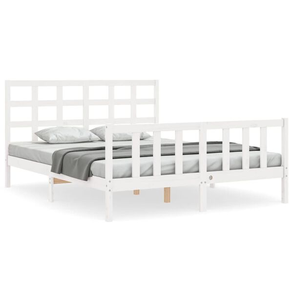 vidaXL Estrutura de cama King Size com cabeceira madeira maci&ccedil;a branco