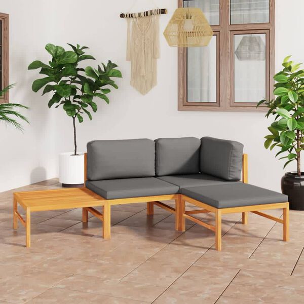 vidaXL 4 pcs conj. lounge de jardim + almofad&otilde;es cinzentos teca maci&ccedil;a