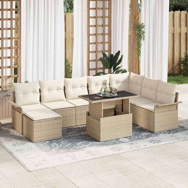 vidaXL Conjunto de Sof&aacute; de Jardim 9 pcs Bege Rattan Sint&eacute;tico