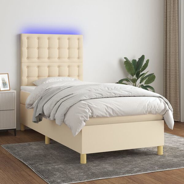 vidaXL Cama box spring c/ colch&atilde;o e LED 90x190 cm tecido cor creme